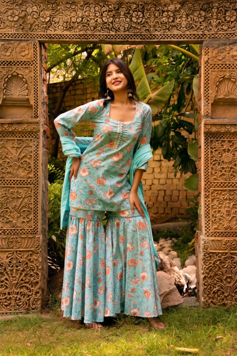 SUNHARI LIGHT BLUE COTTON HAND BLOCK PRINT SHARARA SET WITH COTTON DUPATTA - Pomcha Jaipur