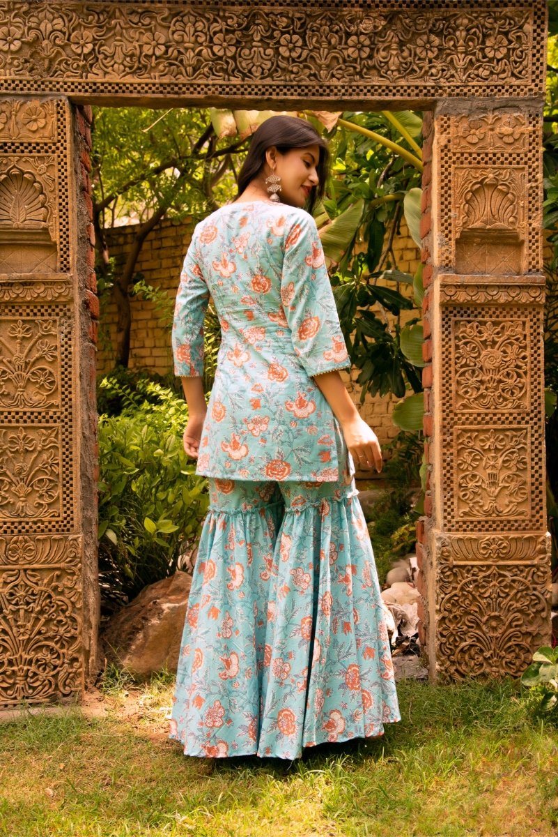 SUNHARI LIGHT BLUE COTTON HAND BLOCK PRINT SHARARA SET WITH COTTON DUPATTA - Pomcha Jaipur