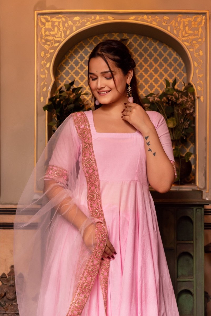 SUNHARI LIGHT PINK COTTON ANARKALI WITH EMBROIDERED SOFT NET DUPATTA SUNHARI LIGHT PINK COTTON ANARKALI WITH EMBROIDERED SOFT NET DUPATTA