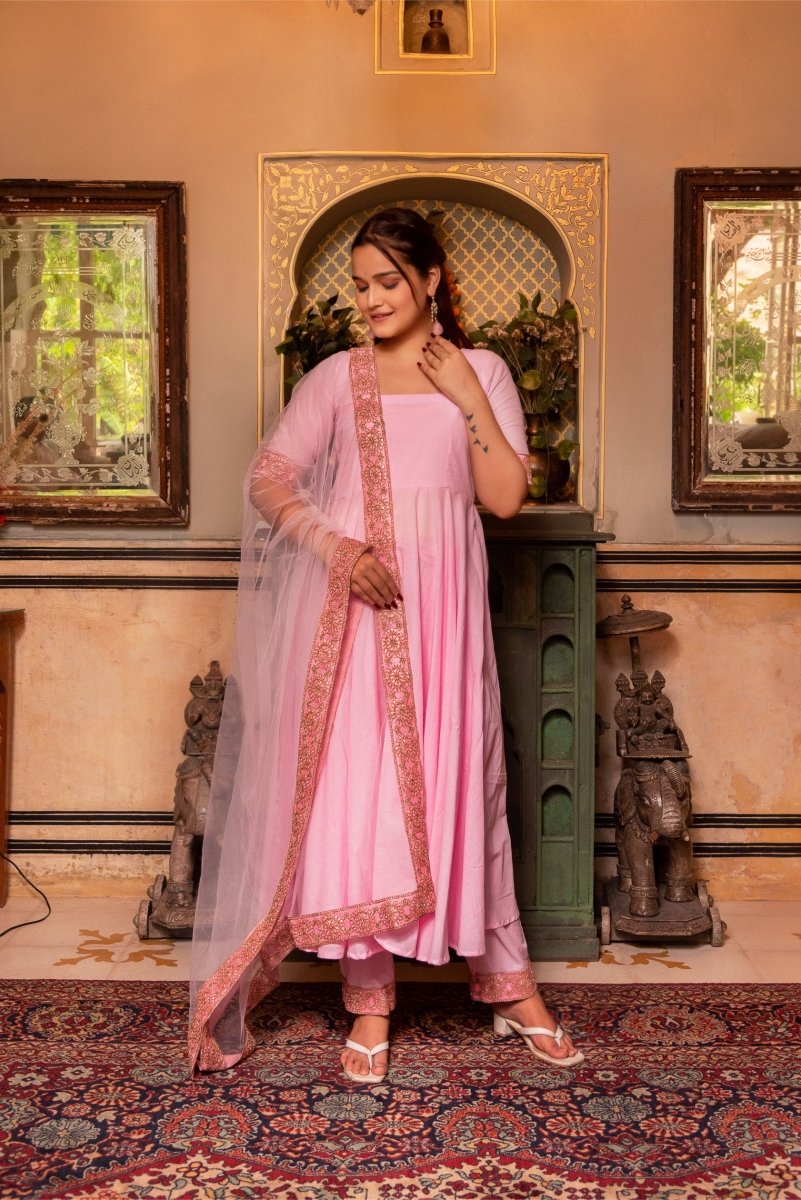SUNHARI LIGHT PINK COTTON ANARKALI WITH EMBROIDERED SOFT NET DUPATTA - Pomcha Jaipur