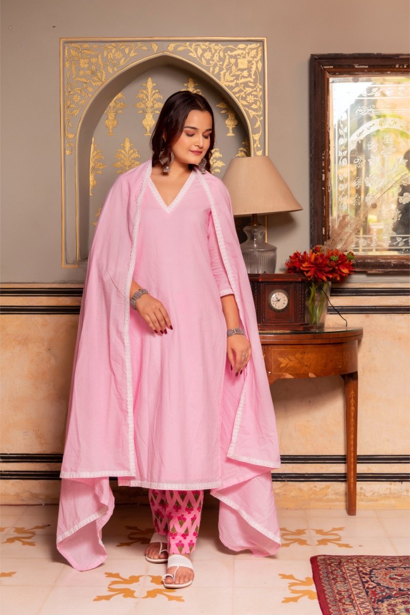 SUNHARI LIGHT PINK COTTON EMBROIDERY SUIT SET WITH COTTON DUPATTA AND PRINTED PANTS - Pomcha Jaipur