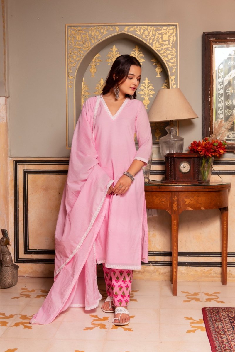 SUNHARI LIGHT PINK COTTON EMBROIDERY SUIT SET WITH COTTON DUPATTA AND PRINTED PANTS - Pomcha Jaipur
