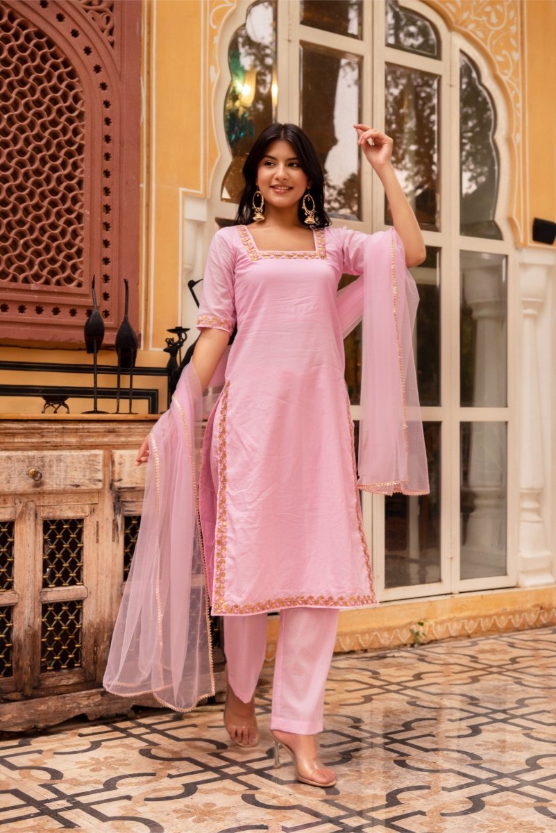 SUNHARI LIGHT PINK COTTON EMBROIDERY SUIT SET WITH SOFT NET DUPATTA - Pomcha Jaipur