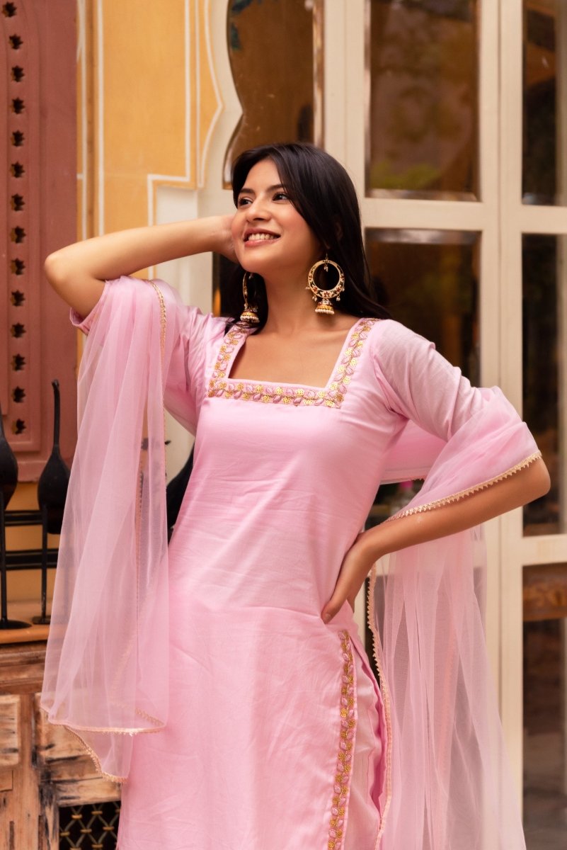SUNHARI LIGHT PINK COTTON EMBROIDERY SUIT SET WITH SOFT NET DUPATTA - Pomcha Jaipur