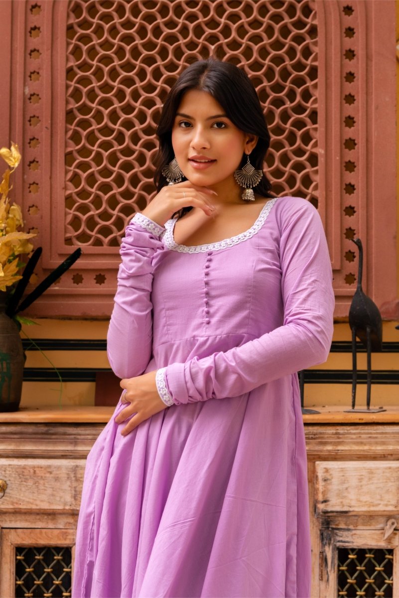 SUNHARI LILAC COTTON EMBROIDERY ANARKALI SET WITH COTTON EMBROIDERED LACE DUPATTA - Pomcha Jaipur