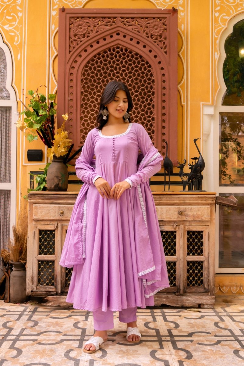 SUNHARI LILAC COTTON EMBROIDERY ANARKALI SET WITH COTTON EMBROIDERED LACE DUPATTA - Pomcha Jaipur