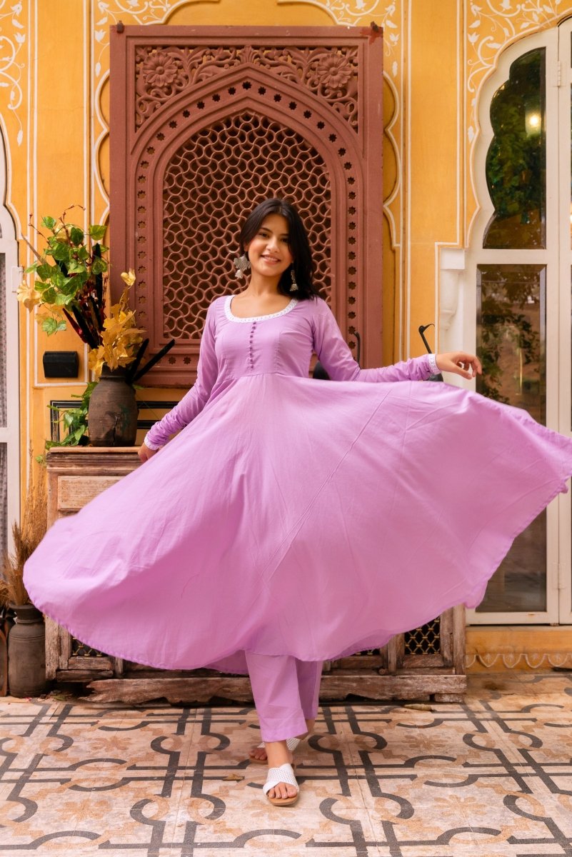 SUNHARI LILAC COTTON EMBROIDERY ANARKALI SET WITH COTTON EMBROIDERED LACE DUPATTA - Pomcha Jaipur