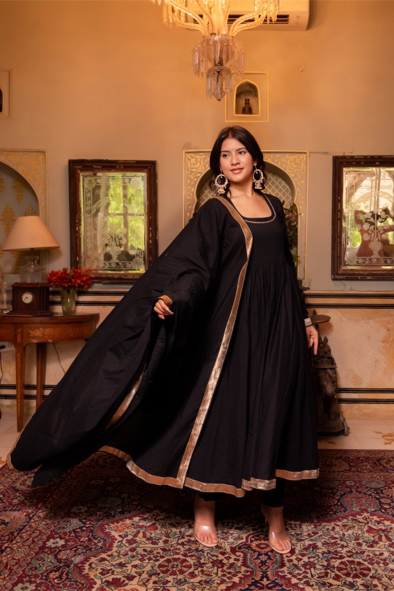 SUNHARI MAHIRA BLACK COTTON GOTA PATTI ANARKALI SET WITH COTTON DUPATTA - Pomcha Jaipur