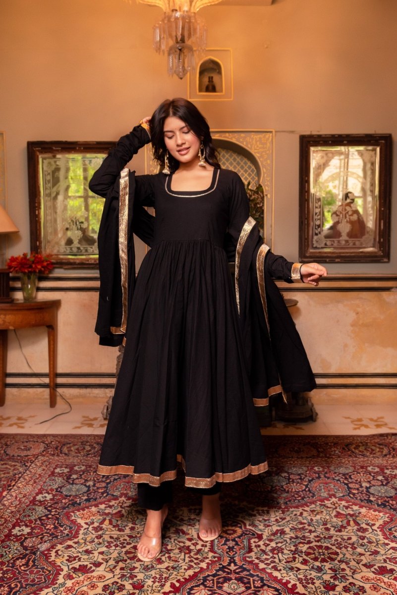 SUNHARI MAHIRA BLACK COTTON GOTA PATTI ANARKALI SET WITH COTTON DUPATTA - Pomcha Jaipur