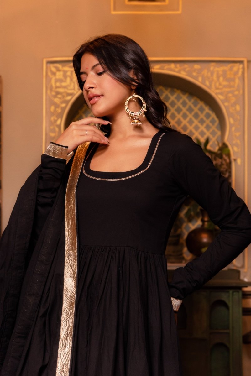 SUNHARI MAHIRA BLACK COTTON GOTA PATTI ANARKALI SET WITH COTTON DUPATTA - Pomcha Jaipur