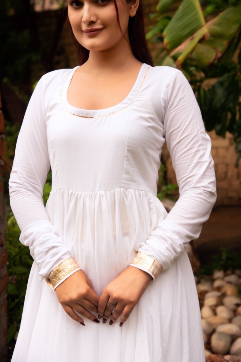 SUNHARI MAHIRA WHITE COTTON GOTA PATTI ANARKALI SET WITH COTTON DUPATTA - Pomcha Jaipur