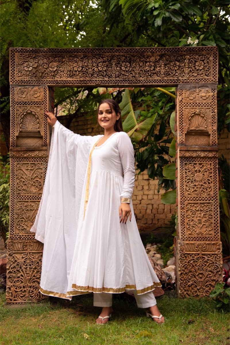 SUNHARI MAHIRA WHITE COTTON GOTA PATTI ANARKALI SET WITH COTTON DUPATTA - Pomcha Jaipur