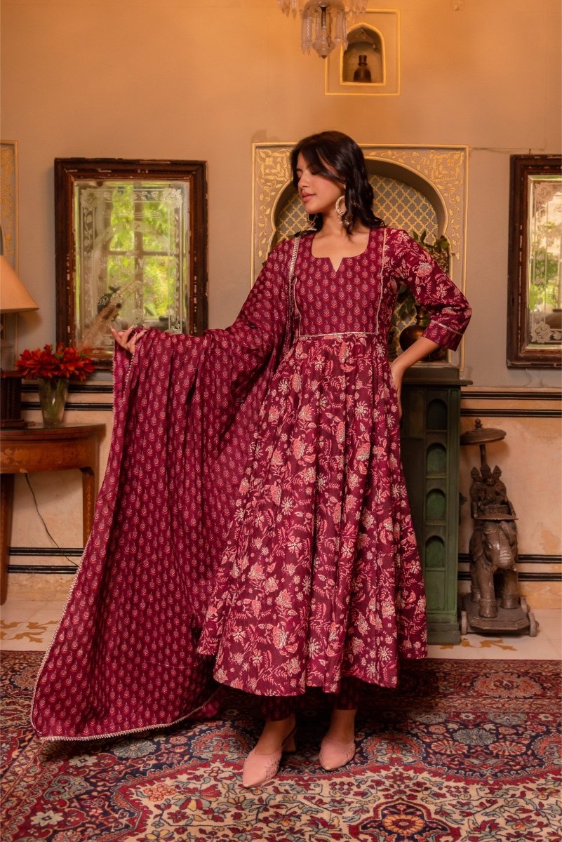 SUNHARI MAROON HAND BLOCK PRINT COTTON ANARKALI SET WITH COTTON DUPATTA - Pomcha Jaipur