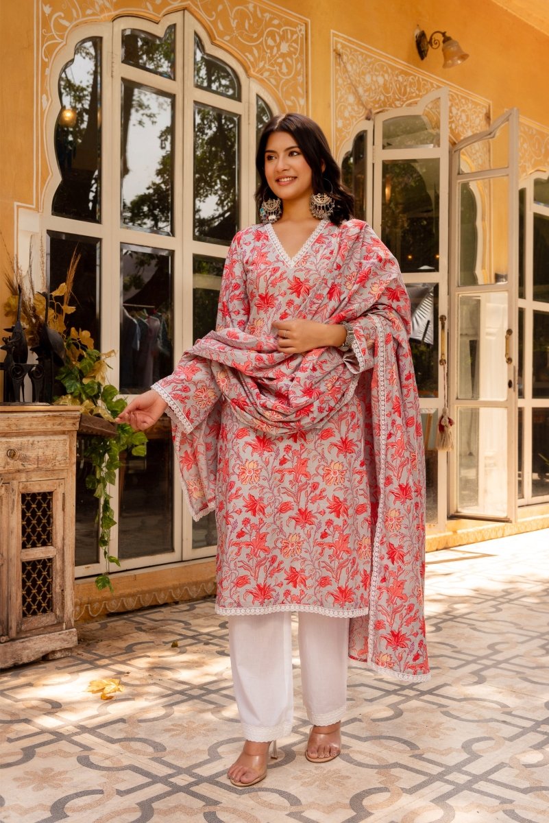 SUNHARI MAYA GREY HAND BLOCK PRINT COTTON SUIT SET WITH COTTON DUPATTA - Pomcha Jaipur