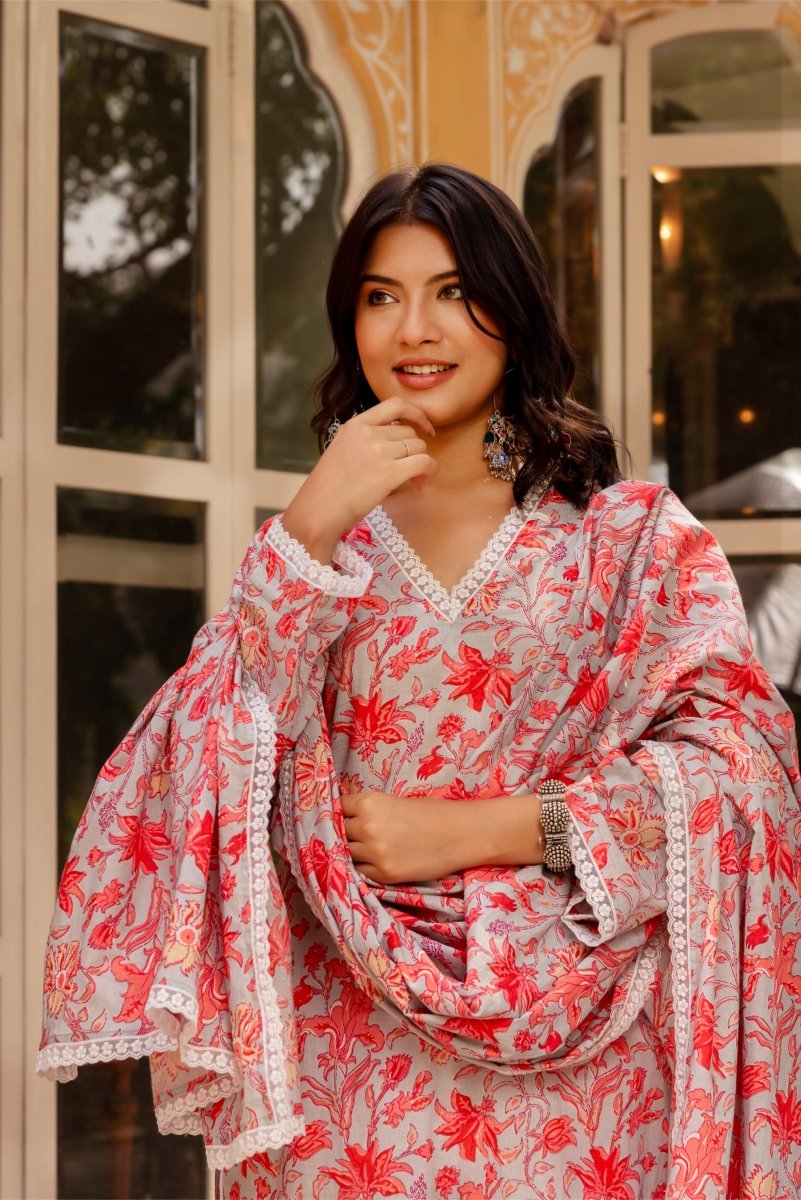 SUNHARI MAYA GREY HAND BLOCK PRINT COTTON SUIT SET WITH COTTON DUPATTA - Pomcha Jaipur