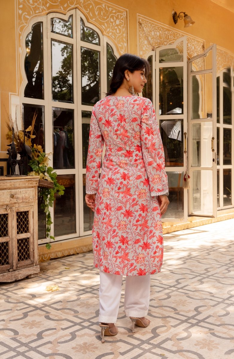 SUNHARI MAYA GREY HAND BLOCK PRINT COTTON SUIT SET WITH COTTON DUPATTA - Pomcha Jaipur