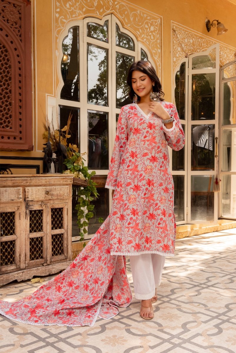 SUNHARI MAYA GREY HAND BLOCK PRINT COTTON SUIT SET WITH COTTON DUPATTA - Pomcha Jaipur