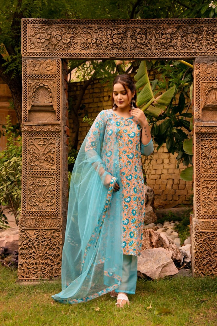 SUNHARI NEELA HAND BLOCK PRINT COTTON SUIT SET WITH ORGANZA DUPATTA - Pomcha Jaipur