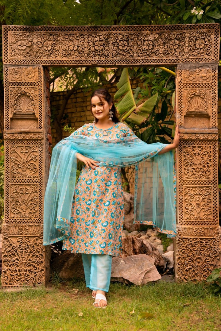 SUNHARI NEELA HAND BLOCK PRINT COTTON SUIT SET WITH ORGANZA DUPATTA - Pomcha Jaipur