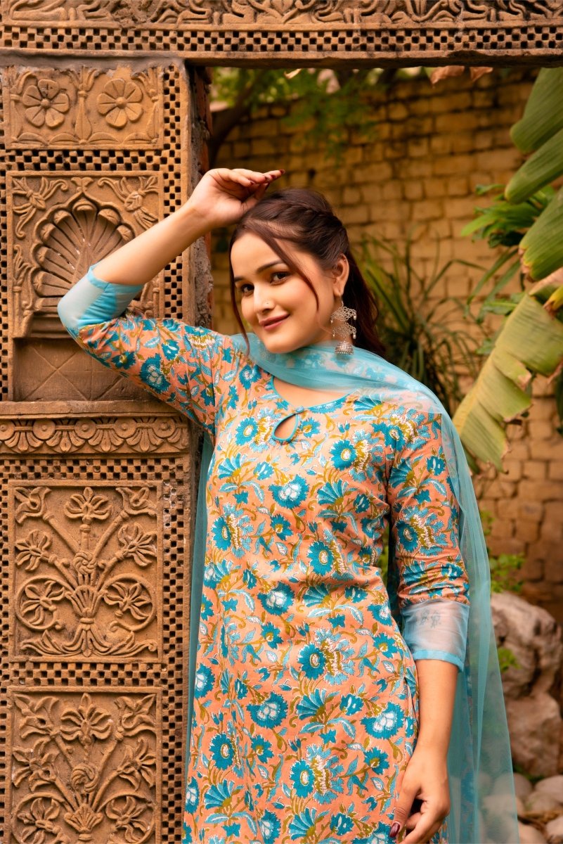 SUNHARI NEELA HAND BLOCK PRINT COTTON SUIT SET WITH ORGANZA DUPATTA - Pomcha Jaipur