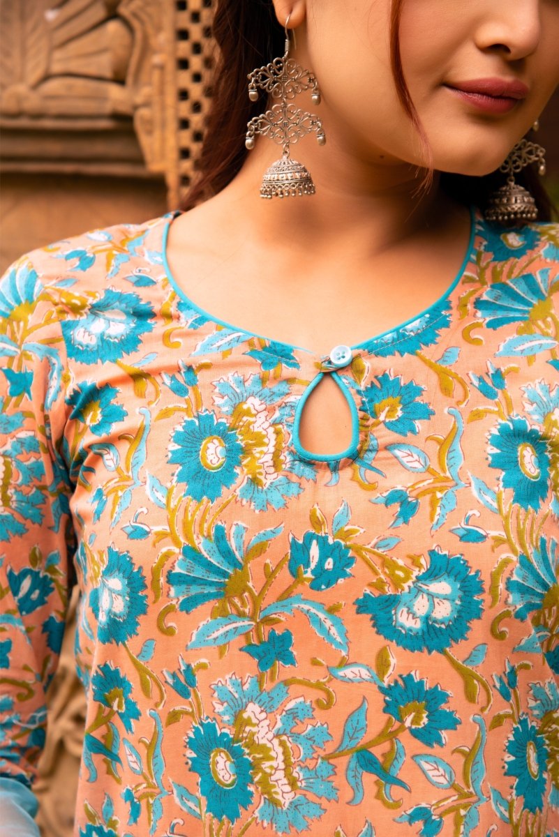 SUNHARI NEELA HAND BLOCK PRINT COTTON SUIT SET WITH ORGANZA DUPATTA - Pomcha Jaipur