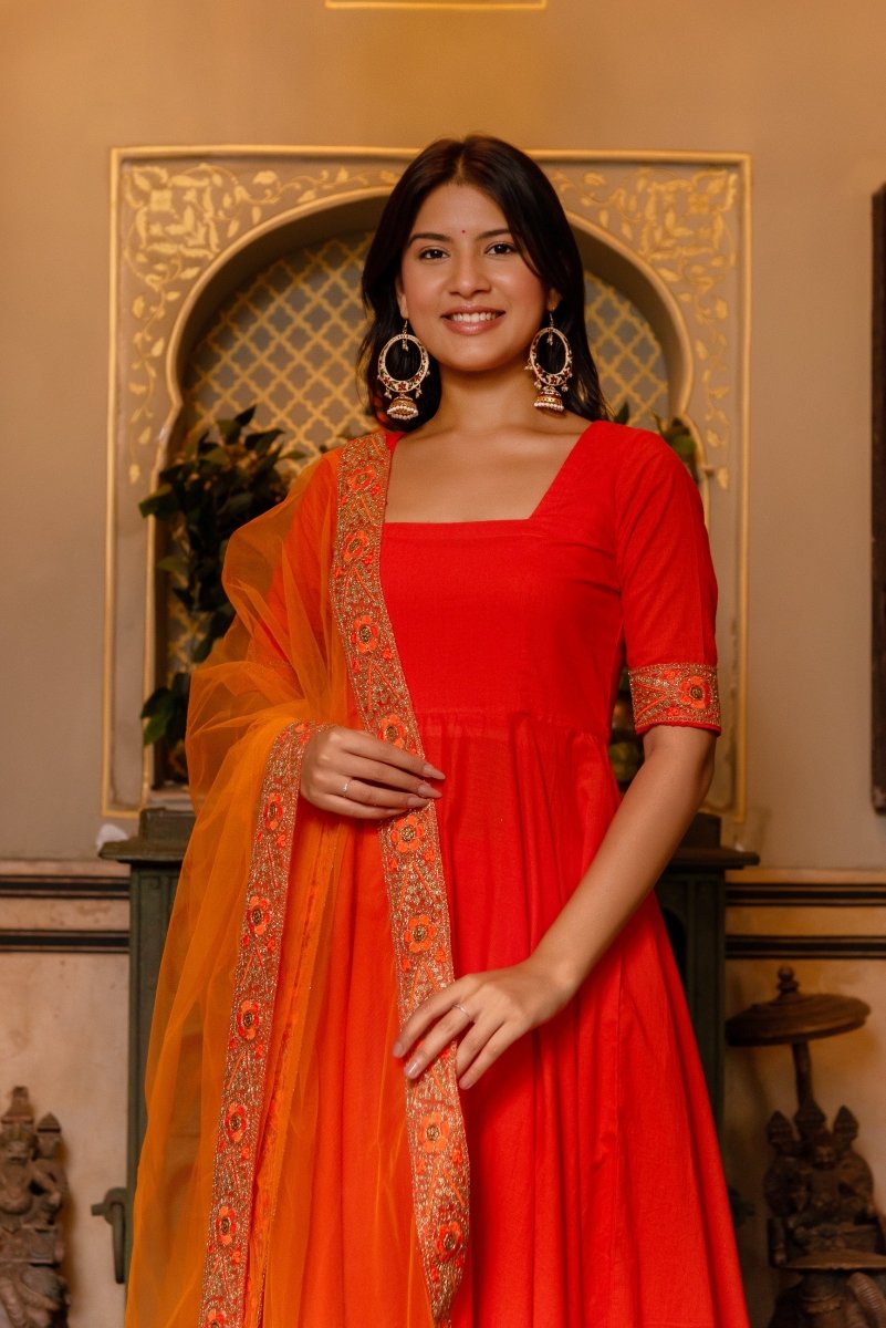 SUNHARI ORANGE COTTON ANARKALI WITH EMBROIDERED SOFT NET DUPATTA - Pomcha Jaipur