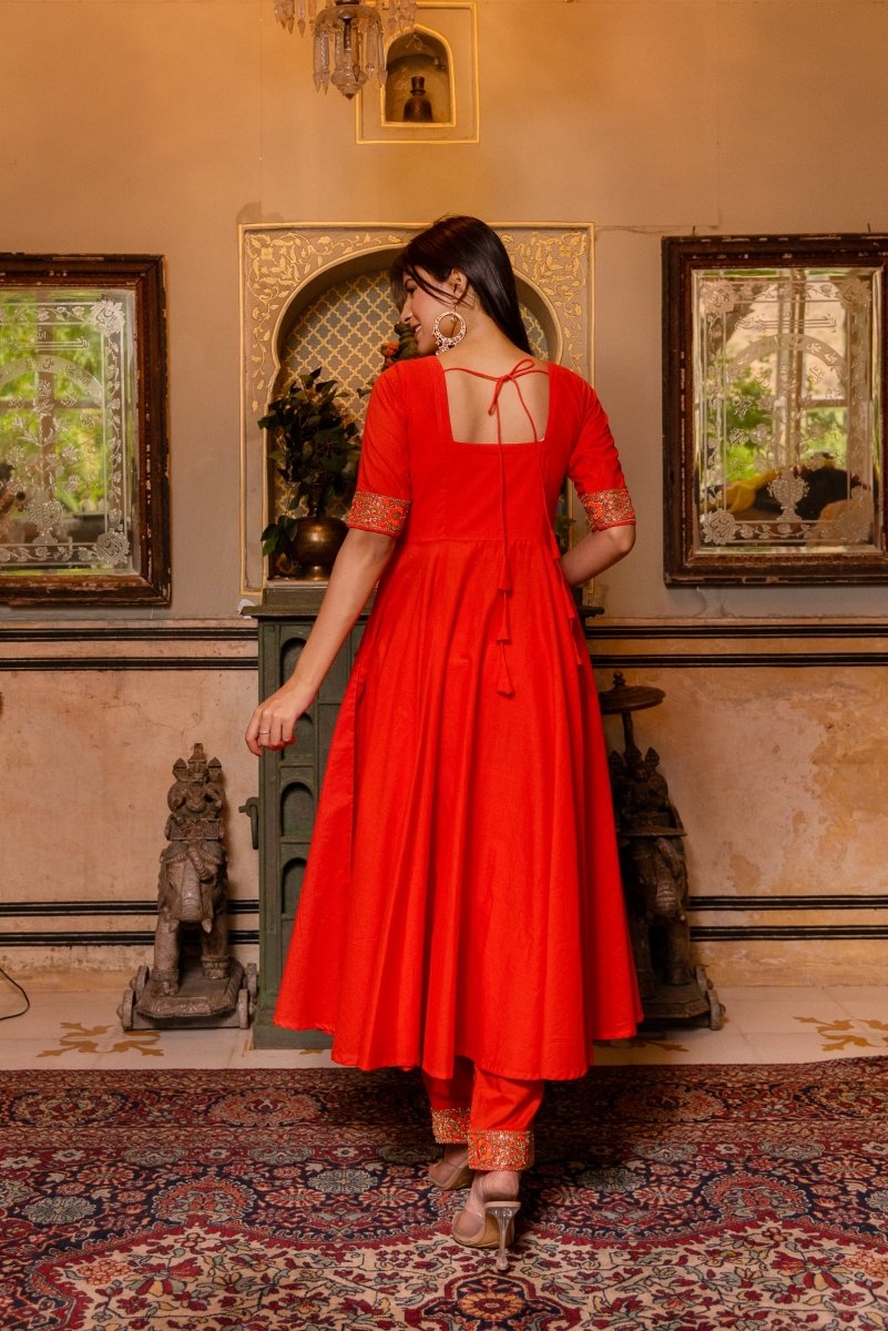SUNHARI ORANGE COTTON ANARKALI WITH EMBROIDERED SOFT NET DUPATTA - Pomcha Jaipur