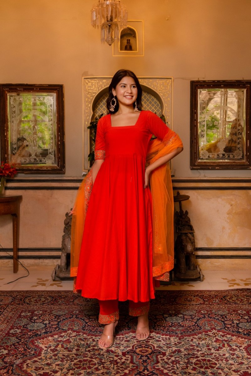 SUNHARI ORANGE COTTON ANARKALI WITH EMBROIDERED SOFT NET DUPATTA - Pomcha Jaipur