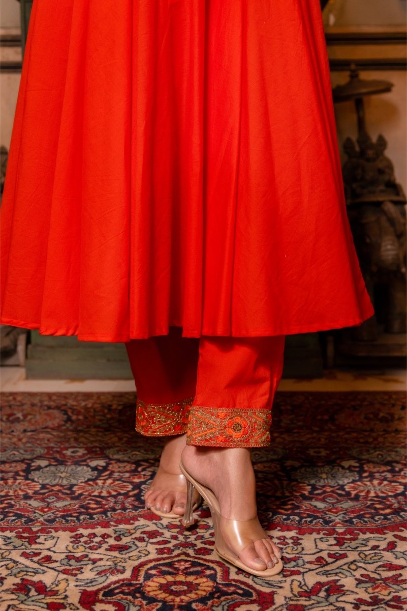 SUNHARI ORANGE COTTON ANARKALI WITH EMBROIDERED SOFT NET DUPATTA - Pomcha Jaipur