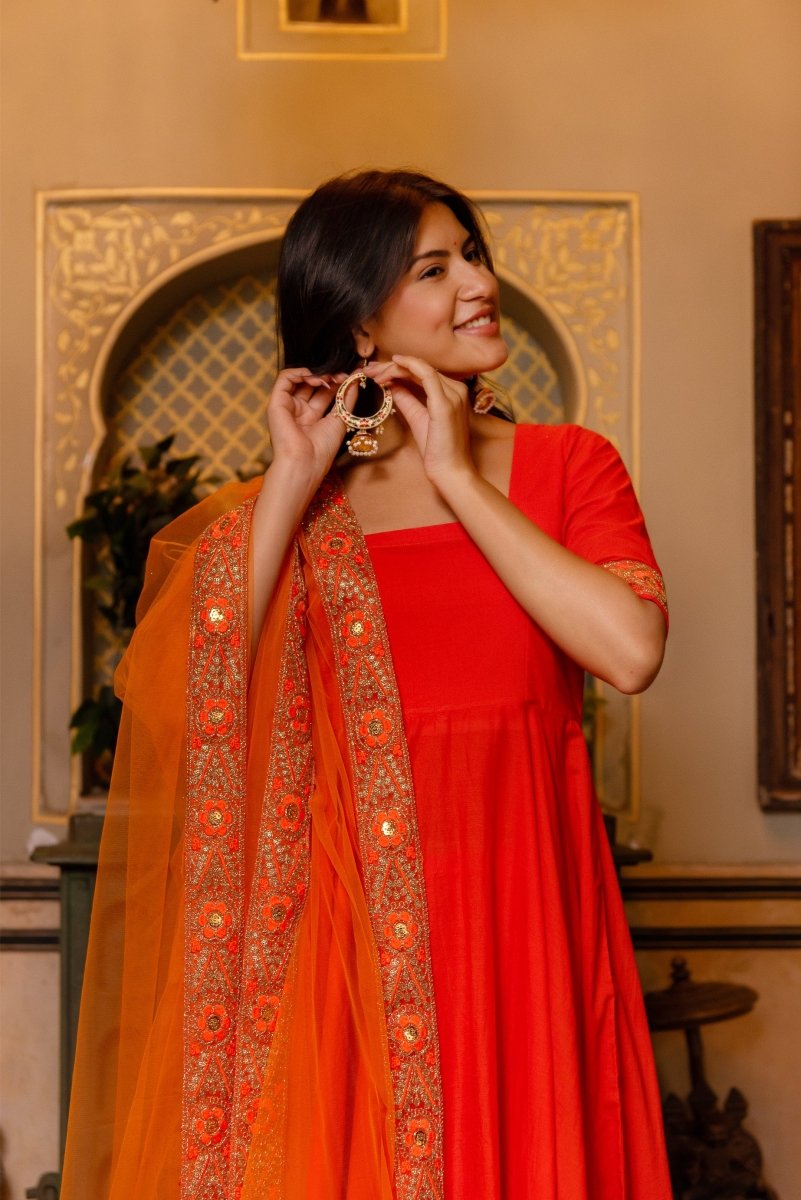 SUNHARI ORANGE COTTON ANARKALI WITH EMBROIDERED SOFT NET DUPATTA - Pomcha Jaipur