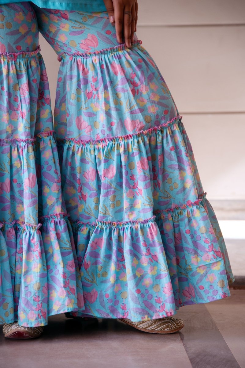SUNHARI PASTEL BLUE COTTON PRINTED SHARARA SET WITH SOFT NET DUPATTA - Pomcha Jaipur