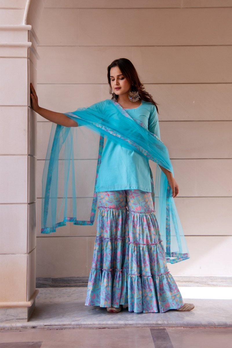 SUNHARI PASTEL BLUE COTTON PRINTED SHARARA SET WITH SOFT NET DUPATTA - Pomcha Jaipur