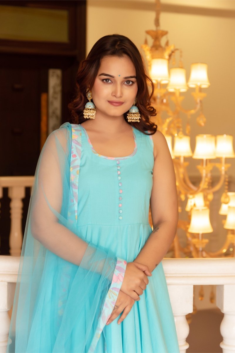 SUNHARI PASTEL BLUE SLEEVELESS COTTON ANARKALI SET SOFT NET DUPATTA - Pomcha Jaipur