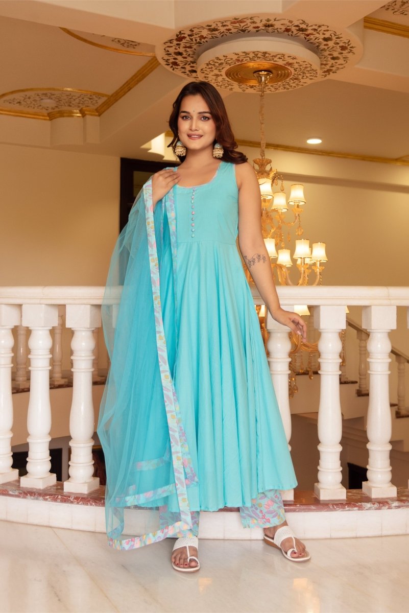 SUNHARI PASTEL BLUE SLEEVELESS COTTON ANARKALI SET SOFT NET DUPATTA - Pomcha Jaipur