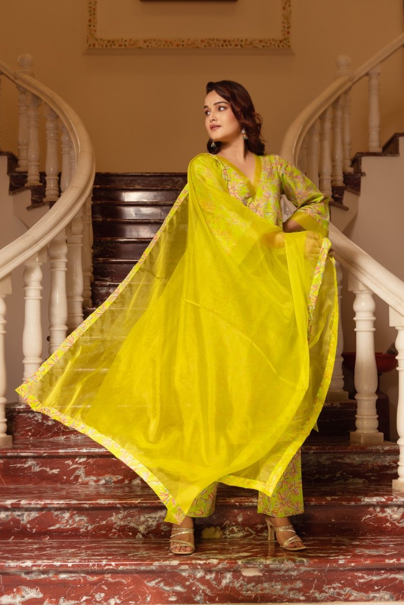 SUNHARI PASTEL GREEN HAND BLOCK PRINT KURTA SET WITH ORGANZA DUPATTA - Pomcha Jaipur