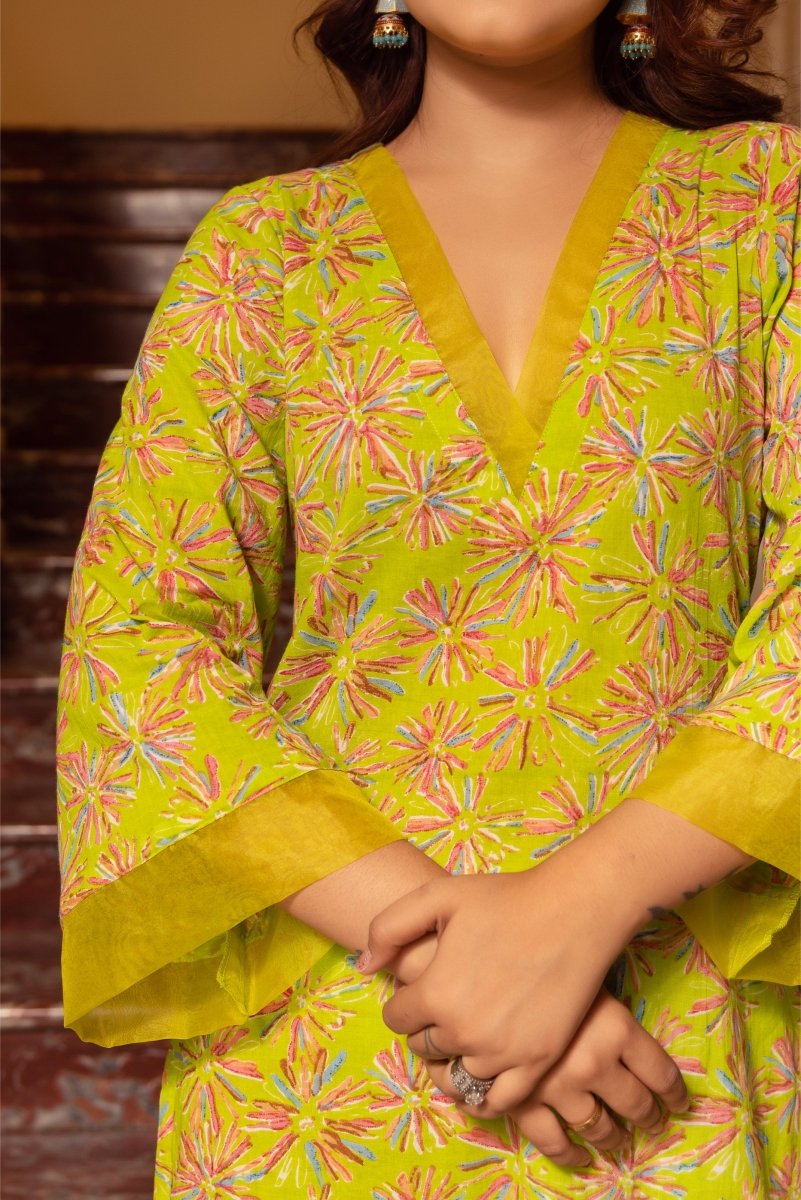 SUNHARI PASTEL GREEN HAND BLOCK PRINT KURTA SET WITH ORGANZA DUPATTA - Pomcha Jaipur