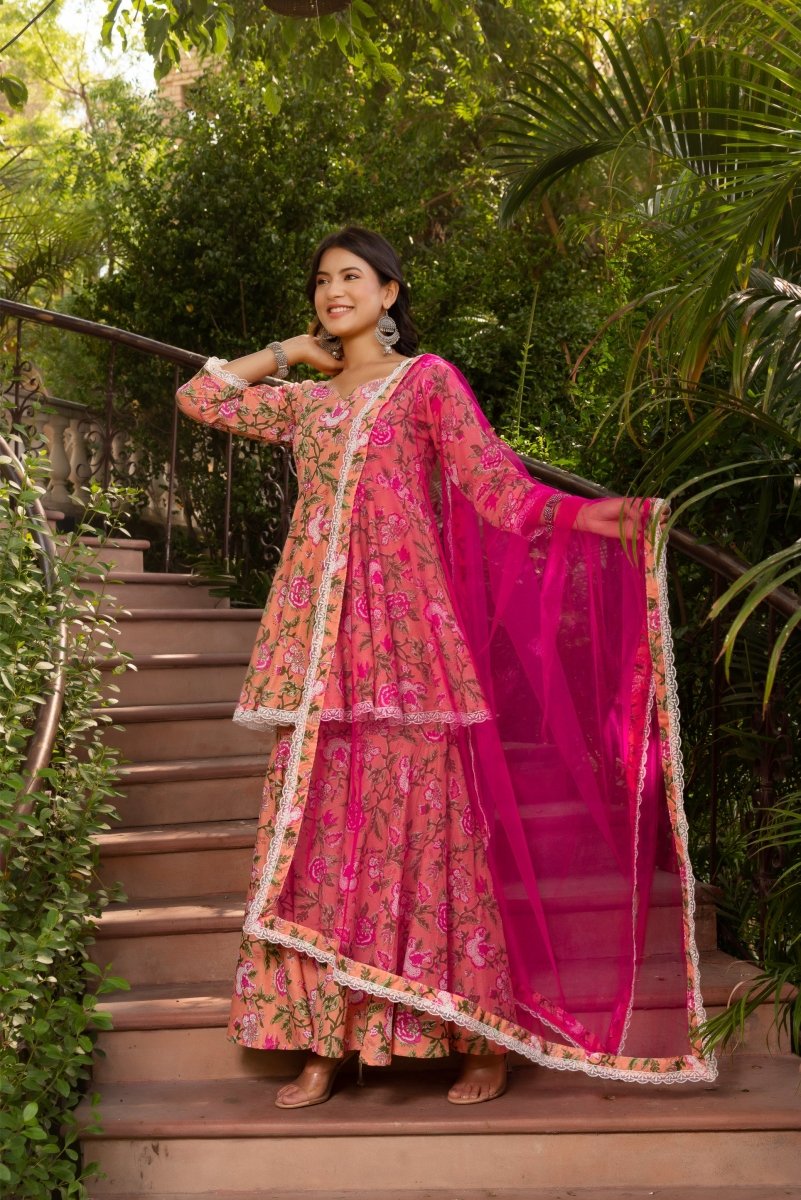 SUNHARI PEACH COTTON HAND BLOCK SHARARA SET WITH SOFT NET DUPATTA - Pomcha Jaipur