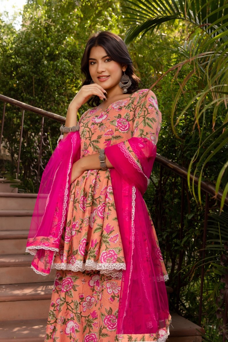 SUNHARI PEACH COTTON HAND BLOCK SHARARA SET WITH SOFT NET DUPATTA - Pomcha Jaipur