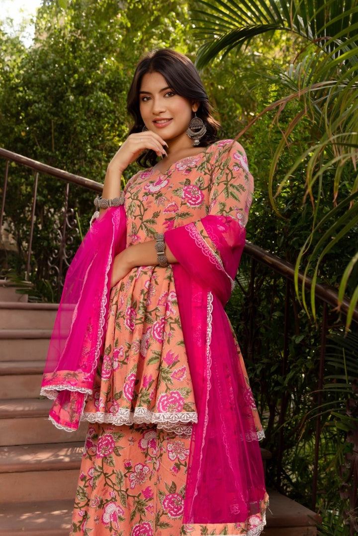 SUNHARI PEACH COTTON HAND BLOCK SHARARA SET WITH SOFT NET DUPATTA - Pomcha Jaipur