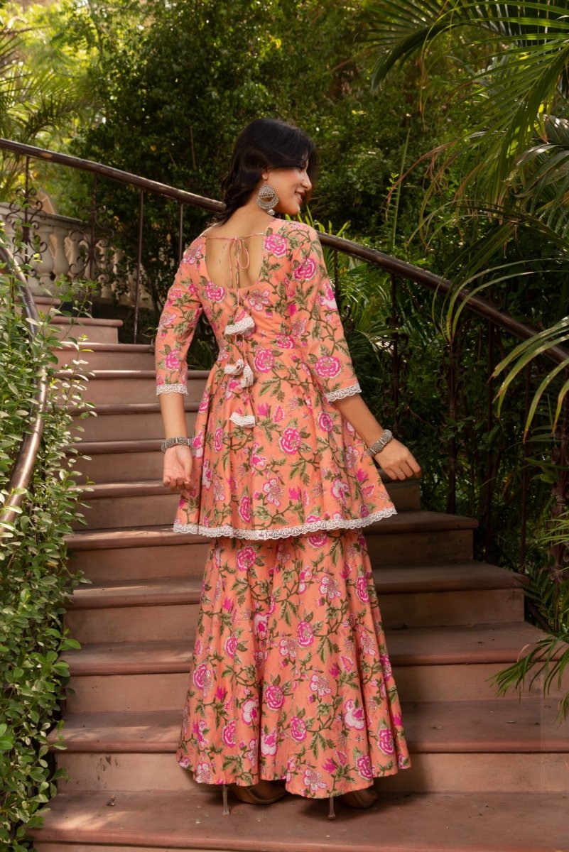 SUNHARI PEACH COTTON HAND BLOCK SHARARA SET WITH SOFT NET DUPATTA - Pomcha Jaipur