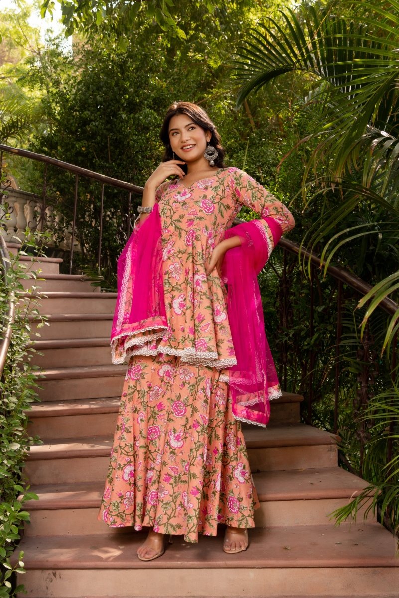 SUNHARI PEACH COTTON HAND BLOCK SHARARA SET WITH SOFT NET DUPATTA - Pomcha Jaipur
