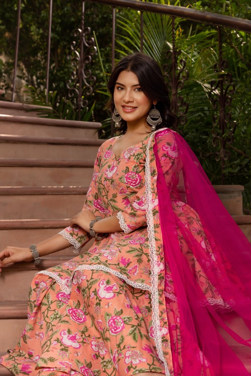 SUNHARI PEACH COTTON HAND BLOCK SHARARA SET WITH SOFT NET DUPATTA - Pomcha Jaipur