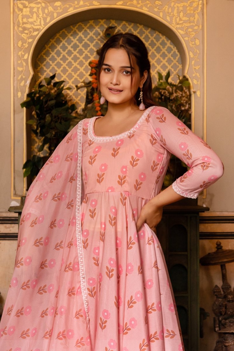 SUNHARI PEACH FLORAL PRINT MUSLIN SILK ANARKALI WITH ORGANZA DUPATTA - Pomcha Jaipur