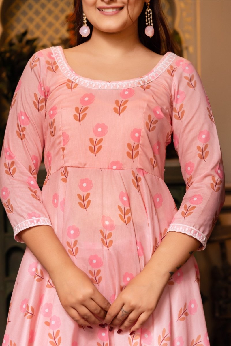 SUNHARI PEACH FLORAL PRINT MUSLIN SILK ANARKALI WITH ORGANZA DUPATTA - Pomcha Jaipur