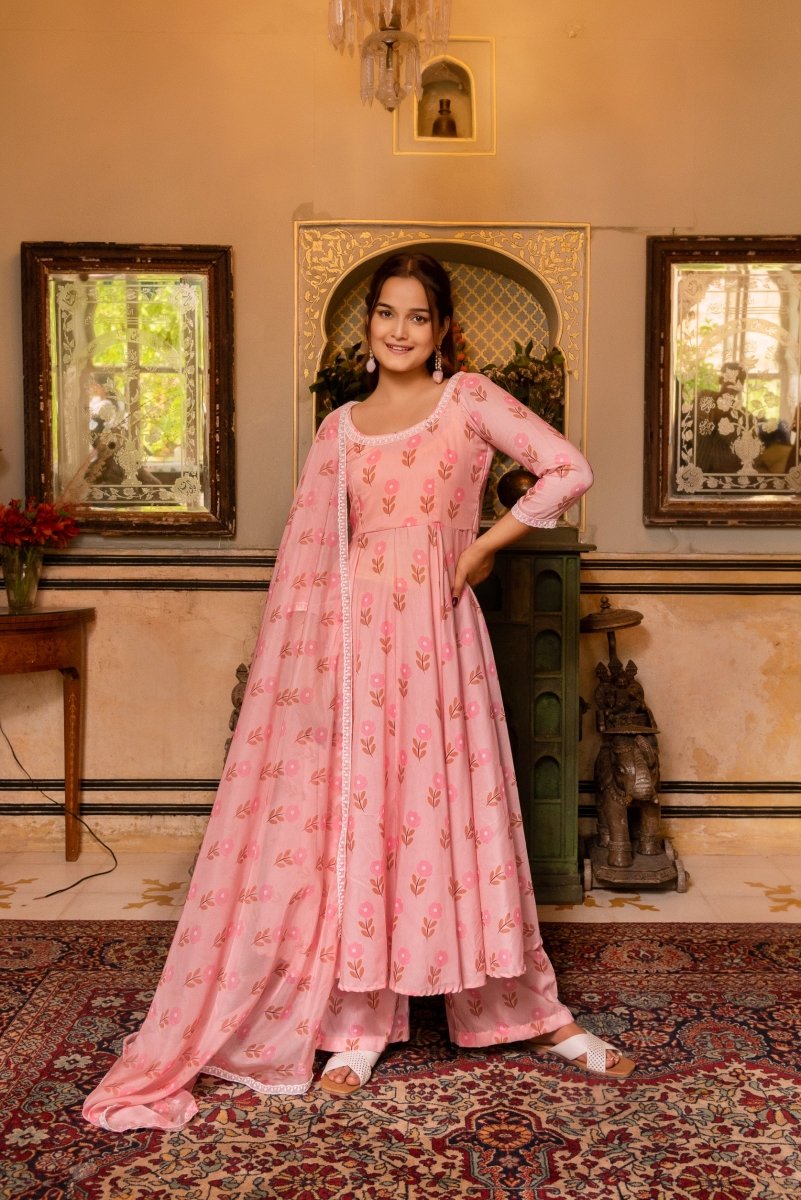 SUNHARI PEACH FLORAL PRINT MUSLIN SILK ANARKALI WITH ORGANZA DUPATTA - Pomcha Jaipur