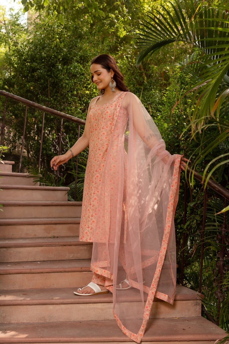 SUNHARI PEACH HALF SLEEVE COTTON HAND BLOCK PRINT SUIT SET WITH SOFT NET DUPATTA - Pomcha Jaipur