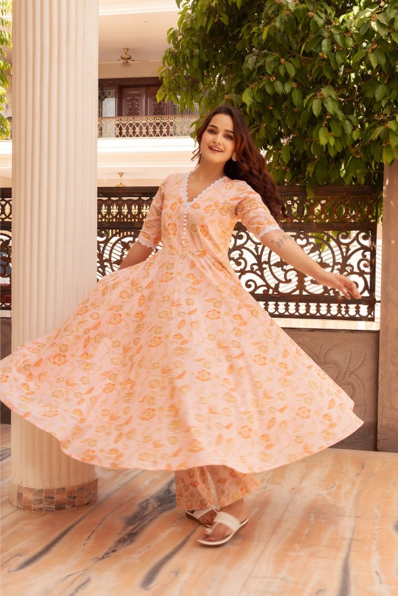 SUNHARI PEACH HAND BLOCK PRINT COTTON ANARKALI WITH COTTON DUPATTA - Pomcha Jaipur