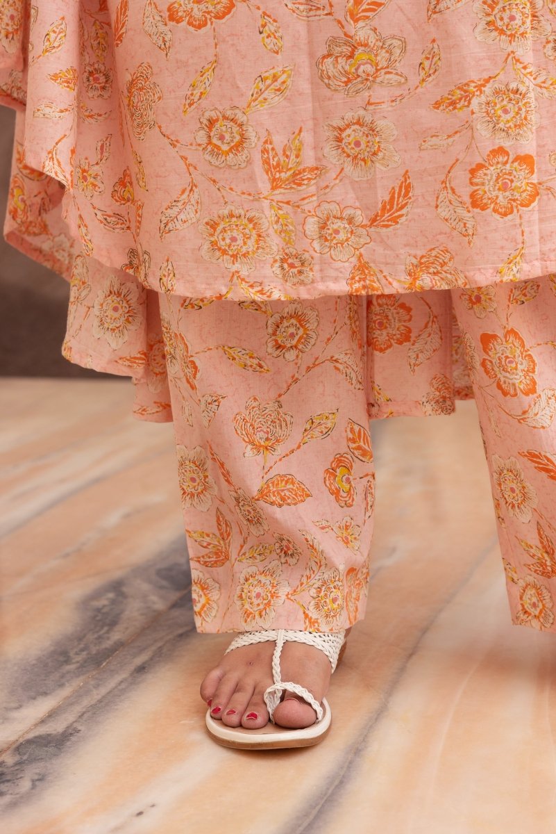 SUNHARI PEACH HAND BLOCK PRINT COTTON ANARKALI WITH COTTON DUPATTA - Pomcha Jaipur
