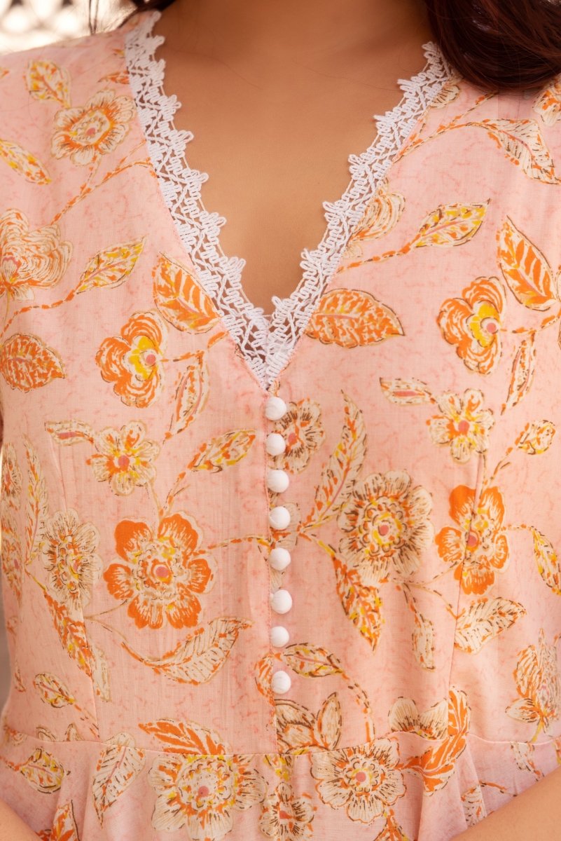 SUNHARI PEACH HAND BLOCK PRINT COTTON ANARKALI WITH COTTON DUPATTA - Pomcha Jaipur