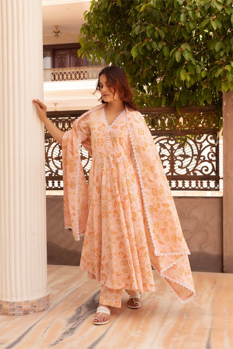 SUNHARI PEACH HAND BLOCK PRINT COTTON ANARKALI WITH COTTON DUPATTA - Pomcha Jaipur